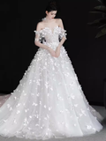 Princess Ball Gown Off The Shoulder Tulle Flowers Long Wedding Dresses HZ1024