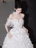 Princess Ball Gown Off The Shoulder Tulle Flowers Long Wedding Dresses HZ1024