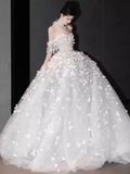 Princess Ball Gown Off The Shoulder Tulle Flowers Long Wedding Dresses HZ1024