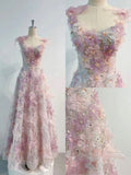 Vintage A line Straps Sequin Flowers Long Pink Prom Dress Evening Dresses HZ1024