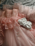 Vintage A line Straps Lace Flowers Long Blush Pink Prom Dress Evening Dresses HZ1024