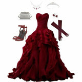 Vintage Ball Gown Sweetheart Ruffles Burgundy Long Prom Dress Evening Dresses HZ1024