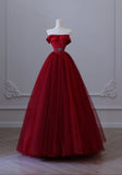 Modest Ball Gown Strapless Red Long Prom Dress Evening Dresses With Beads HZ1024