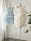 Cute Sheath Halter White Ruffles Short Homecoming Dresses HZ1024