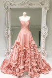 Modest Ball Gown Strapless Pink Taffeta Long Prom Dress Evening Dresses With Ruffles HZ1024