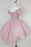 Cute Ball Gown Off The Shoulder Lace Pink Homecoming Dress Short Birthday Outfit HZ1024