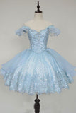 Cute Ball Gown Off The Shoulder Lace Light Sky Blue Homecoming Dress Short Birthday Outfit HZ1024