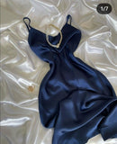 Modest A Line Spaghetti Straps Silk Satin Long Navy Blue Prom Dress Evening Dresses HZ1024