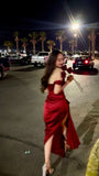 Simple Sheath Off The Shoulder Short Sleeves Red Long Prom Dresses HZ1024