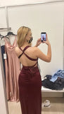 Simple Sheath V Neckline Burgundy Satin Backless Long Prom Dresses HZ1024