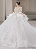 Princess Ball Gown Half Sleeves Lace Wedding Dresses HZ1024