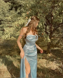 Sexy Sheath Spagehtti Straps Slim Fit Light Sky Blue Prom Dress Slit Evening Dresses HZ1024