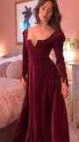 Sexy Sheath Scoop Neckline Slim Fit Burgundy Velvet Prom Dress Evening Dresses HZ1024
