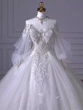 Princess Ball Gown Scoop neckline Long Sleeves Tulle Wedding Dresses HZ1024