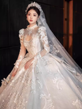Elegant Ball Gown High neckline Long Sleeves Satin Wedding Dresses HZ1024