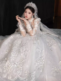 Elegant Ball Gown High neckline Long Sleeves Satin Wedding Dresses HZ1024
