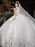 Elegant Ball Gown High neckline Long Sleeves Satin Wedding Dresses HZ1024