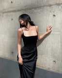 Elegant Sheath Spaghetti Straps Black Satin Long Prom Dress Evening Dresses HZ1024