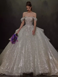 Elegant Ball Gown Off The Shoulder Sequin Short Sleeves Sequin Wedding Dresses HZ1024