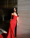 Elegant Mermaid Straps Red Satin Long Prom Dress Evening Dresses HZ1024