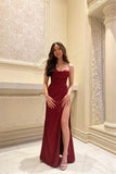 Sexy Sheath Strapless Burgundy Satin Slit Long Prom Dress Evening Dresses HZ1024