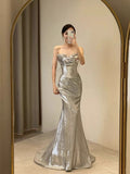 Sexy Mermaid Spaghetti Straps Silver Sequin Long Prom Dress Evening Dresses HZ1024