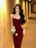 Sexy Mermaid Straps Velvet Burgundy Long Prom Dress Evening Dresses HZ1024