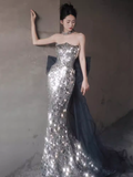Modest Mermaid Strapless Sequin Long Prom Dresses HZ1024
