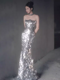 Modest Mermaid Strapless Sequin Long Prom Dresses HZ1024