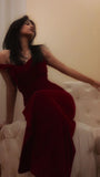 Sexy Mermaid Off The Shoulder Burgundy Velvet Long Prom Dress Evening Dresses HZ1024