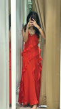 Sexy Sheath Spaghetti Straps Chiffon Red Long Prom Dress Evening Dresses HZ1024