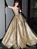 Modest A Line Strapless Satin Gold Long Prom Dresses HZ1024
