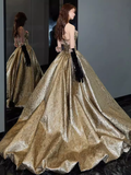 Modest A Line Strapless Satin Gold Long Prom Dresses HZ1024