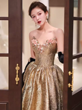 Modest A Line Strapless Satin Gold Long Prom Dresses HZ1024
