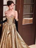 Modest A Line Strapless Satin Gold Long Prom Dresses HZ1024