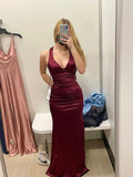 Sexy Mermaid Burgundy Sleeveless Long Satin Prom Dress Evening Dresses HZ1024