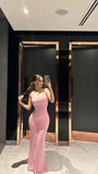 Sexy Sheath Spaghetti Straps Pink Sleeveless Long Prom Dress Evening Dresses HZ1024