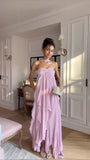 Modest A line Strapless Chiffon Pink Long Prom Dress Evening Dresses HZ1024