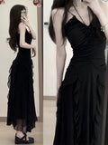 Modest Sheath Spaghetti Straps Chiffon Sleeveless Black Long Prom Dress Evening Dresses HZ1024