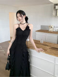 Modest Sheath Spaghetti Straps Chiffon Sleeveless Black Long Prom Dress Evening Dresses HZ1024