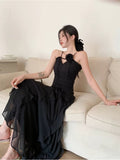 Modest Sheath Spaghetti Straps Chiffon Sleeveless Black Long Prom Dress Evening Dresses HZ1024
