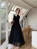 Modest Sheath Spaghetti Straps Chiffon Sleeveless Black Long Prom Dress Evening Dresses HZ1024