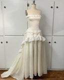 Modest A Line Strapless Lace Sleeveless Ivory Long Prom Dress Evening Dresses HZ1024