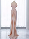 Modest Mermaid Off The Shoulder PInk Satin Long Prom Dresses HZ1024