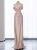 Modest Mermaid Off The Shoulder PInk Satin Long Prom Dresses HZ1024