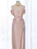 Modest Mermaid Off The Shoulder PInk Satin Long Prom Dresses HZ1024