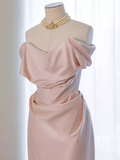 Modest Mermaid Off The Shoulder PInk Satin Long Prom Dresses HZ1024