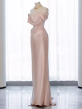 Modest Mermaid Off The Shoulder PInk Satin Long Prom Dresses HZ1024