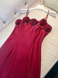 Elegant A line Spaghetti Straps Red Slim Fit Satin Prom Dress Evening Dresses HZ1024