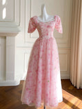 Elegant A Line Square Neckline Pink Floral Tulle Prom Dress Evening Dresses HZ1024